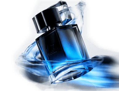 Blue glass fragrance bottle wrapped in a ribbon of liquid, rendered in CGI